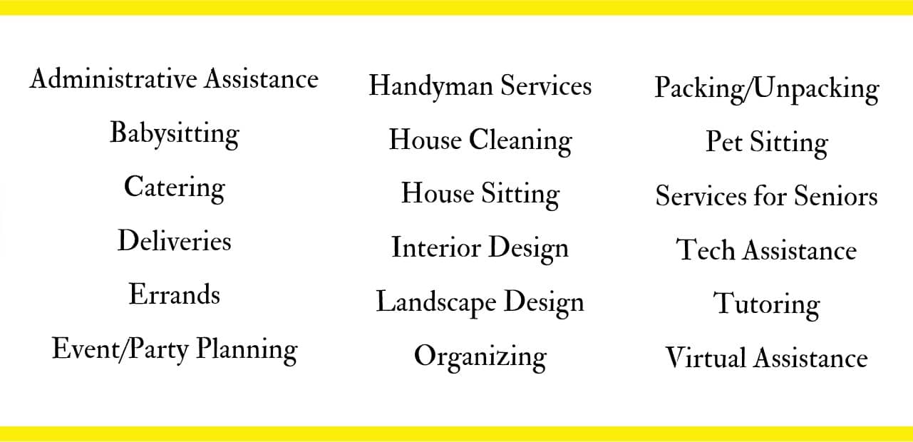 White background with black lettering, and a yellow border, showing services that are offered