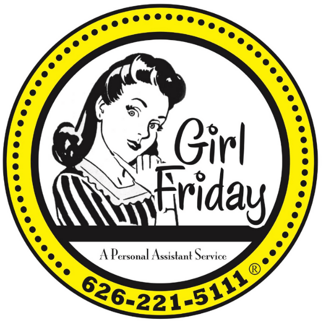 Girl Friday Round Logo with white background, black text and yellow border. Profile of woman, with information for her services